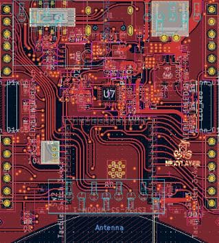 Printed circuit board layout of a flight controller, showing component footprints and routed copper traces.